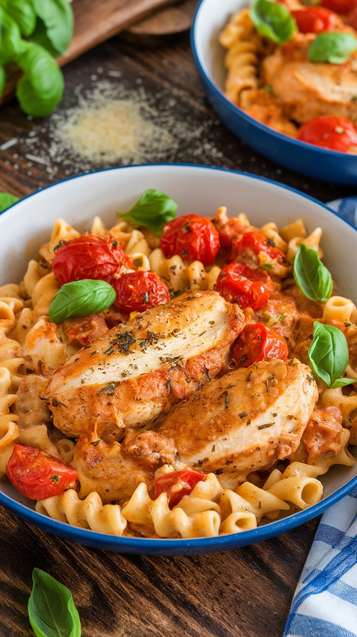 One Pot Creamy Chicken Mozzarella Pasta Creamy chicken mozzarella pasta with cherry tomatoes and basil in a rustic kitchen setting.